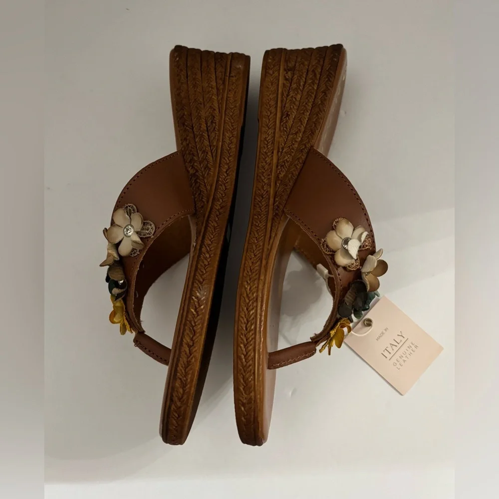 Mariella Women Made in Italy Tan Leather Floral Wedge Sandals Size 39 Summer
